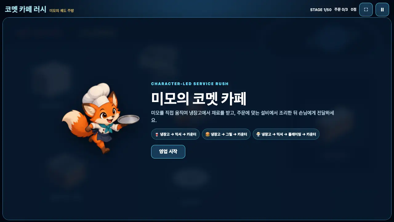 시작 카드. 요리사 모자의 여우 미모와 미모의 코멧 카페 제목, 세 가지 조리 순서, 영업 시작 버튼이 보인다