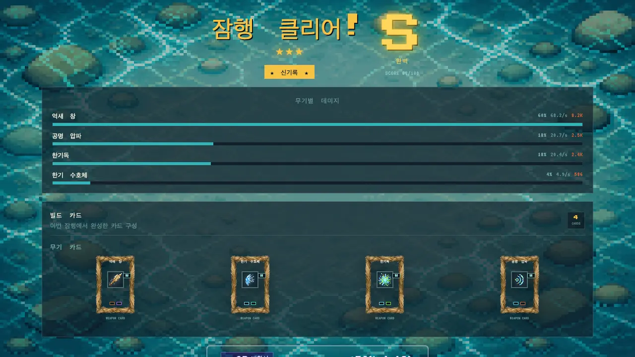 잠행 클리어 정산 화면. 별 세 개와 S 등급, 무기별 피해 막대와 사용 카드 네 장이 보인다