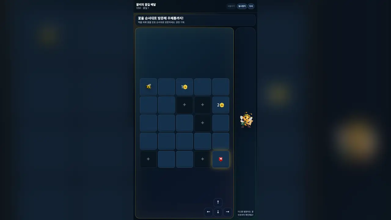 1단계 시작 화면. 5×5 격자에 꿀벌, 꽃 1번과 2번, 우체통이 있고 벽 표시가 군데군데 있다