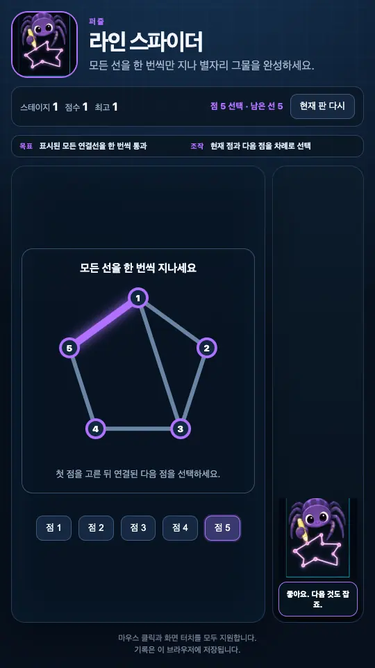 점 1과 점 5를 잇는 선이 보랏빛으로 빛나는 플레이 장면. 상단에 남은 선 5가 표시된다