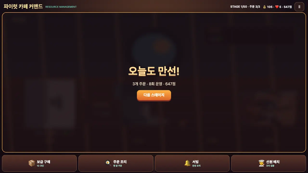 오늘도 만선 창. 3개 주문, 8회 운영, 647점과 다음 스테이지 버튼이 보인다