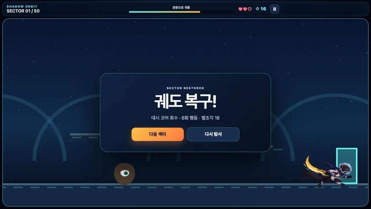 궤도 복구 창. 대시 코어 회수, 6회 행동, 별조각 16과 다음 섹터 버튼이 관문 앞에 떠 있다