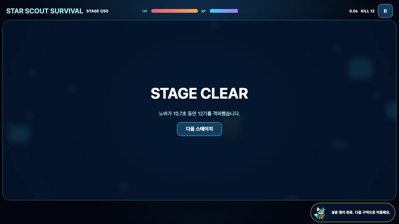 STAGE CLEAR 창. 10.7초 동안 12기를 격파했다는 문구와 다음 스테이지 버튼이 보인다